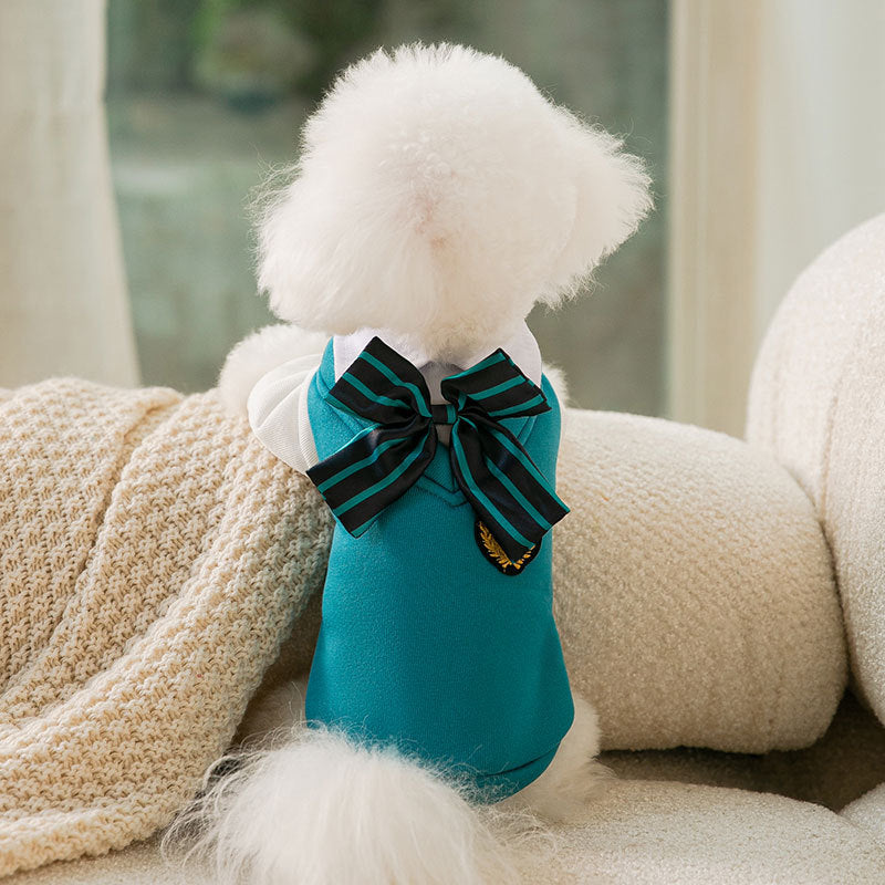 KFX-1206973 College Style Dog Bow Tie and Sweater Dress Set in Green - Fashionable, Simple Design for Pets