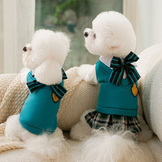KFX-1206973 College Style Dog Bow Tie and Sweater Dress Set in Green - Fashionable, Simple Design for Pets