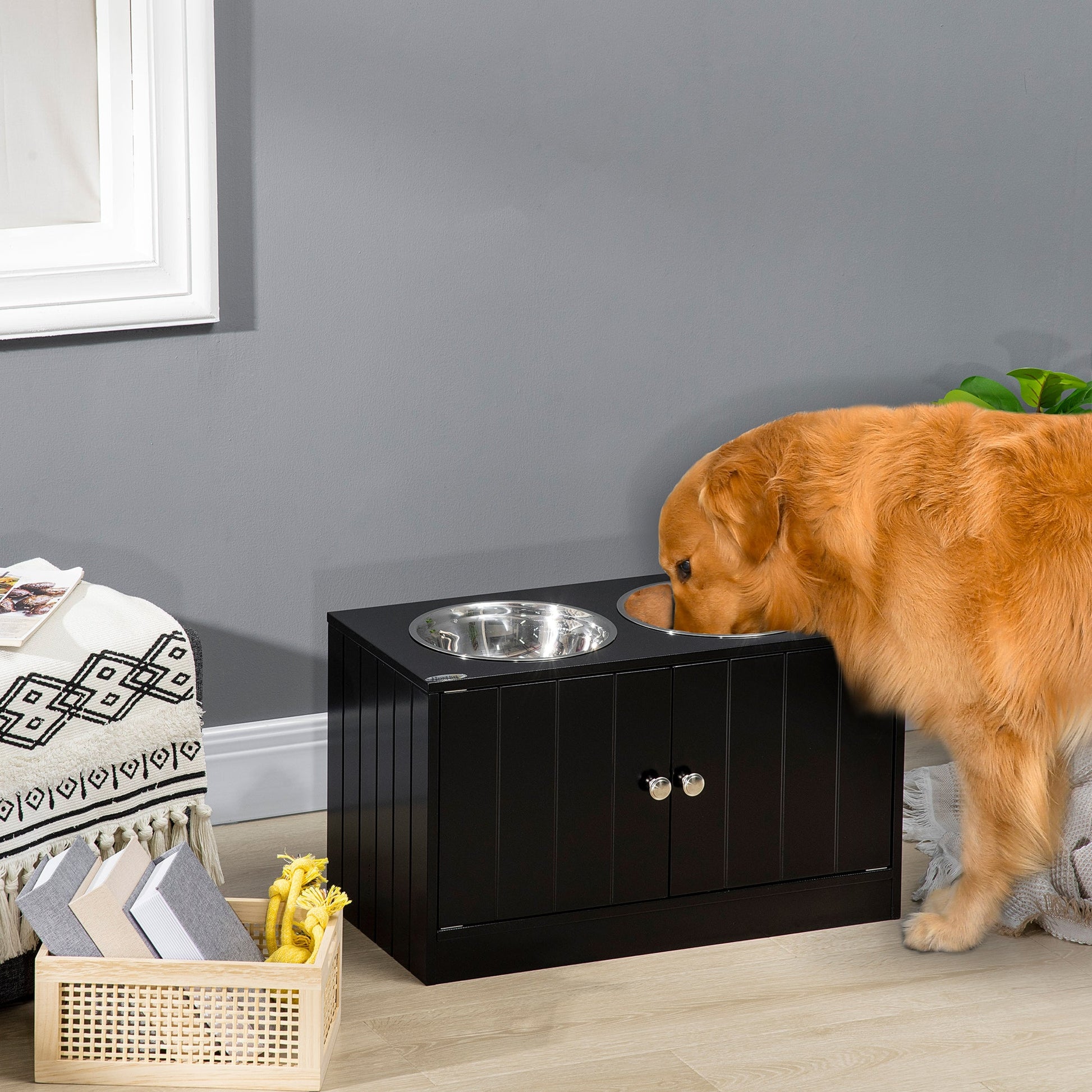 KFX-1213629 Elevated Dog Bowl Station with 44L Storage Cabinet and Stainless Steel Bowls, Black
