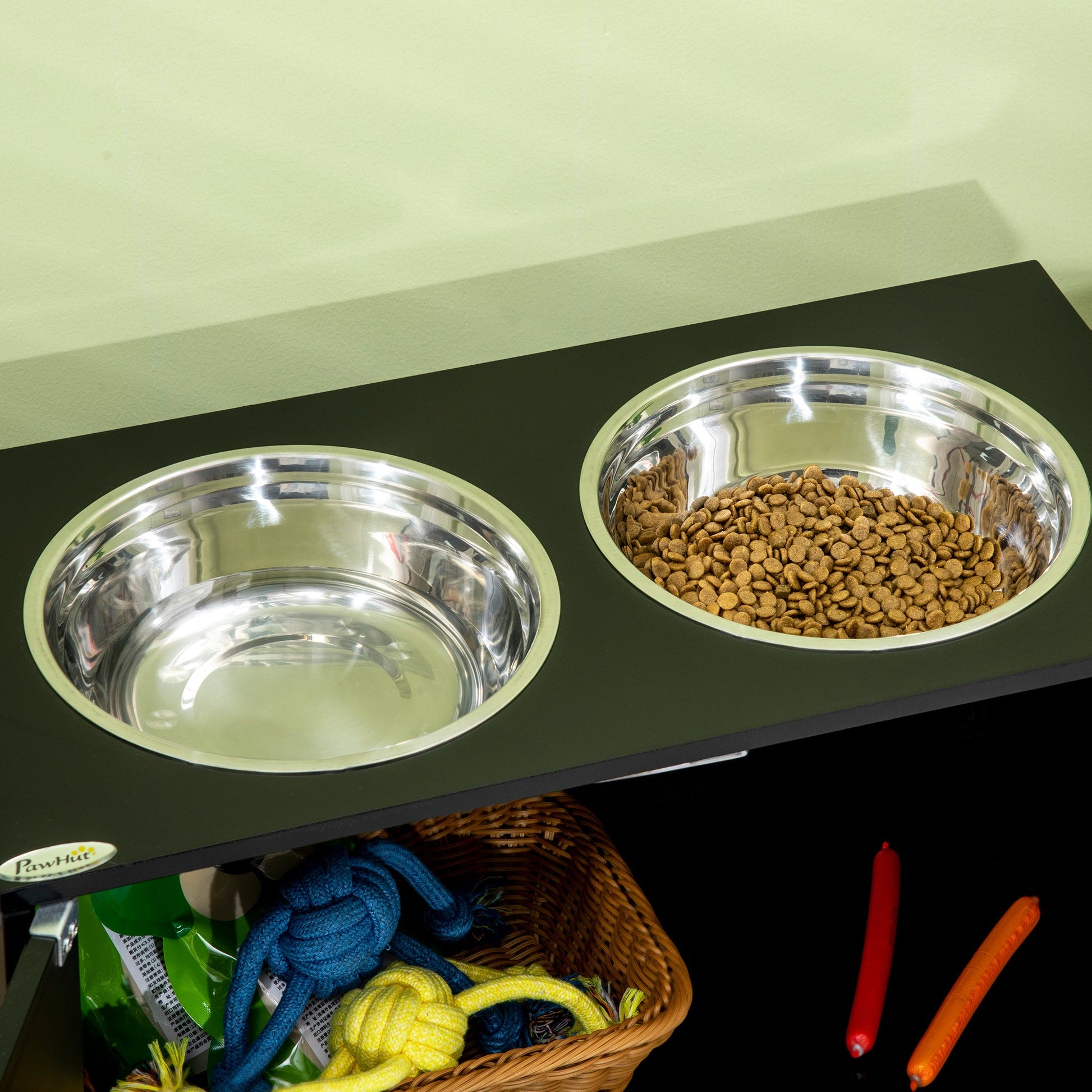 KFX-1213629 Elevated Dog Bowl Station with 44L Storage Cabinet and Stainless Steel Bowls, Black