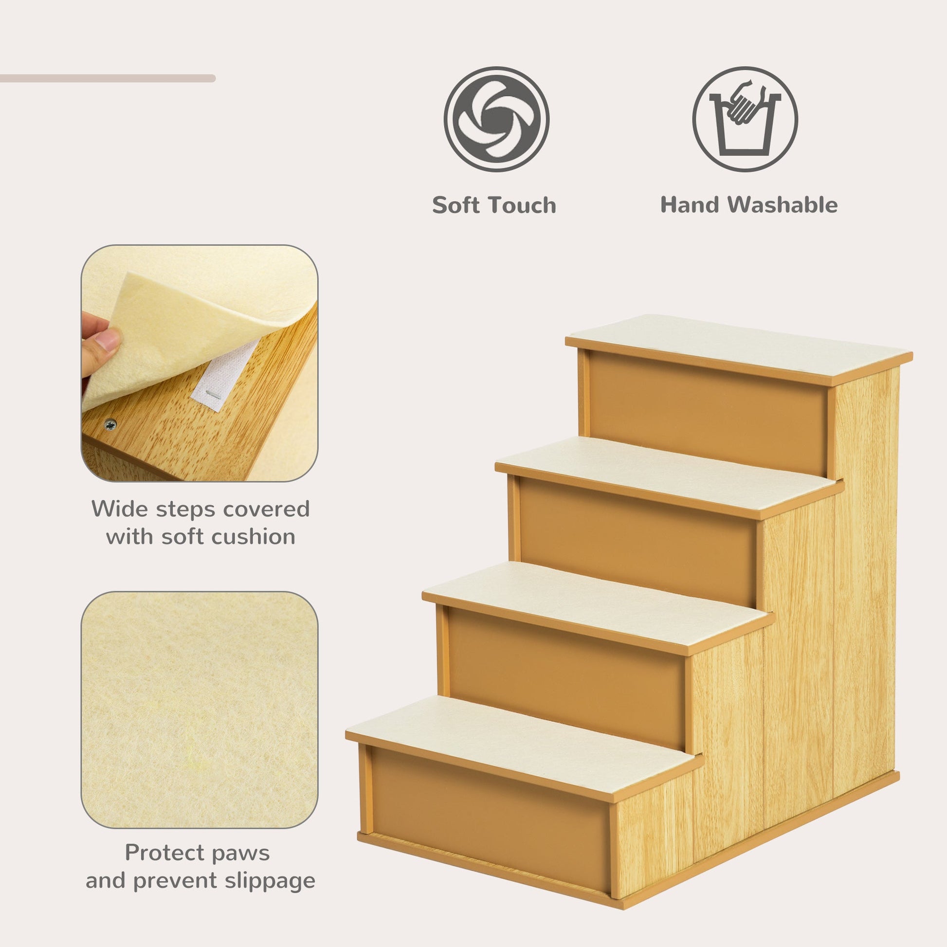 KFX-1218877 Cushioned Pet Stairs for Small Dogs and Cats, Removable Cover, Supports Up to 22 lbs, Natural Finish