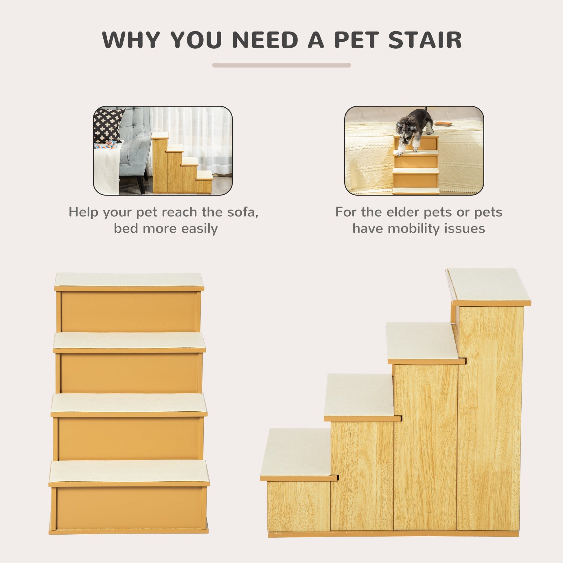KFX-1218877 Cushioned Pet Stairs for Small Dogs and Cats, Removable Cover, Supports Up to 22 lbs, Natural Finish