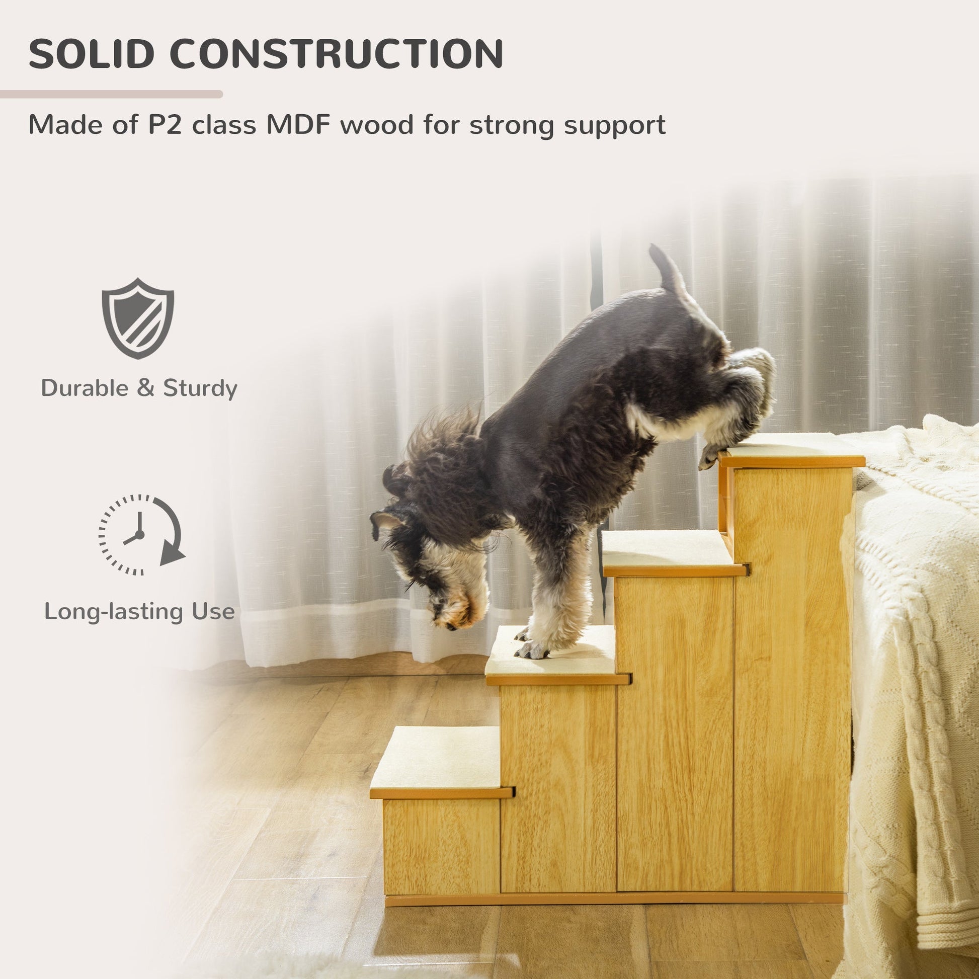 KFX-1218877 Cushioned Pet Stairs for Small Dogs and Cats, Removable Cover, Supports Up to 22 lbs, Natural Finish