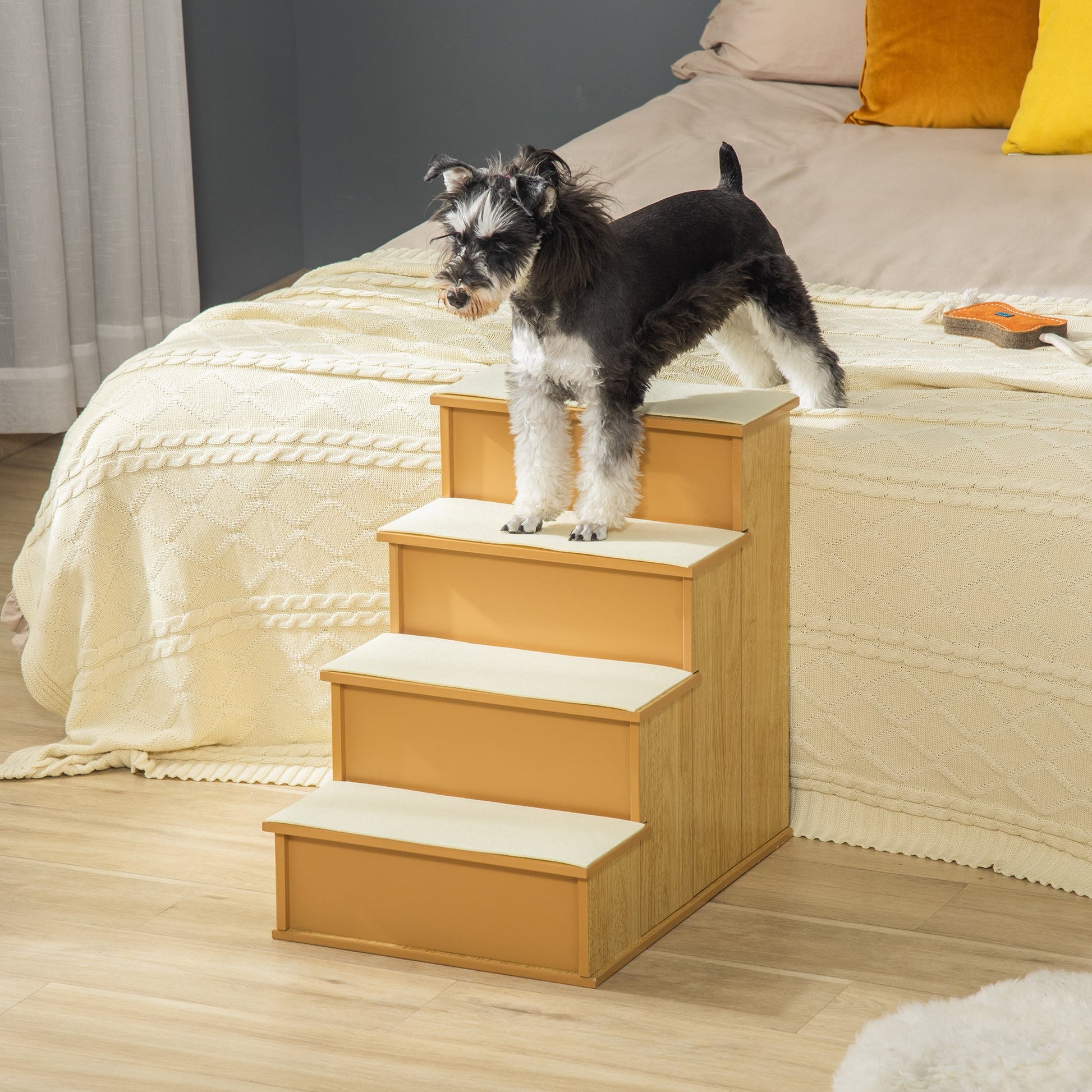 KFX-1218877 Cushioned Pet Stairs for Small Dogs and Cats, Removable Cover, Supports Up to 22 lbs, Natural Finish