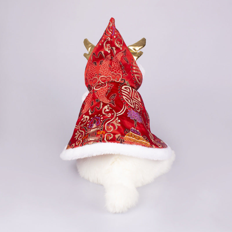 KFX-1221565 Elegant Brocade Satin Cloak for Dogs & Cats - Adjustable Size in Yellow and Red