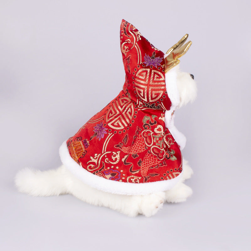 KFX-1221565 Elegant Brocade Satin Cloak for Dogs & Cats - Adjustable Size in Yellow and Red