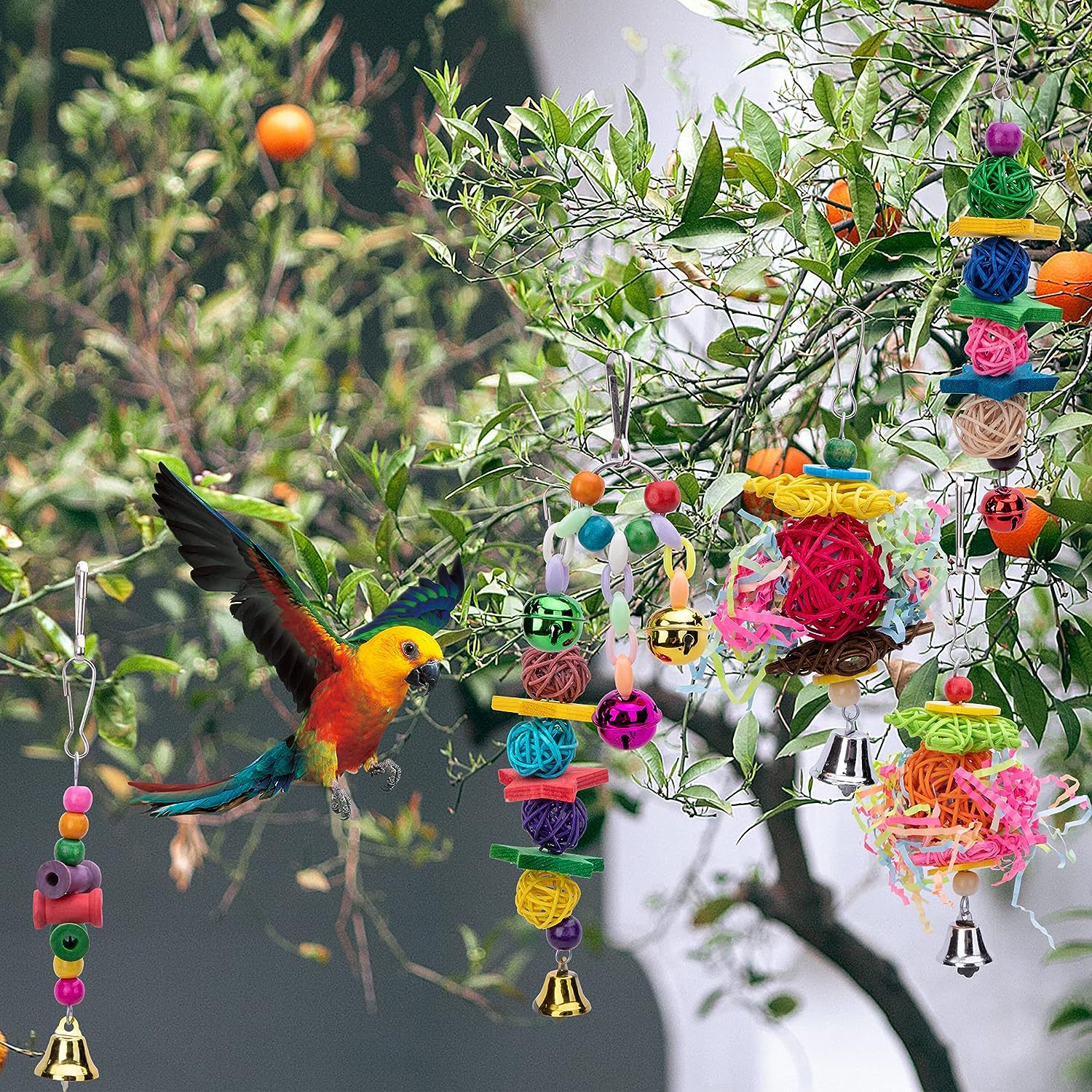 KFX-1232189 Wooden Parrot Toy Set with 7 Accessories for Birds - Swing, Perch, and More