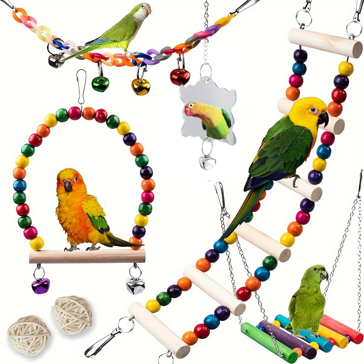 KFX-1232189 Wooden Parrot Toy Set with 7 Accessories for Birds - Swing, Perch, and More