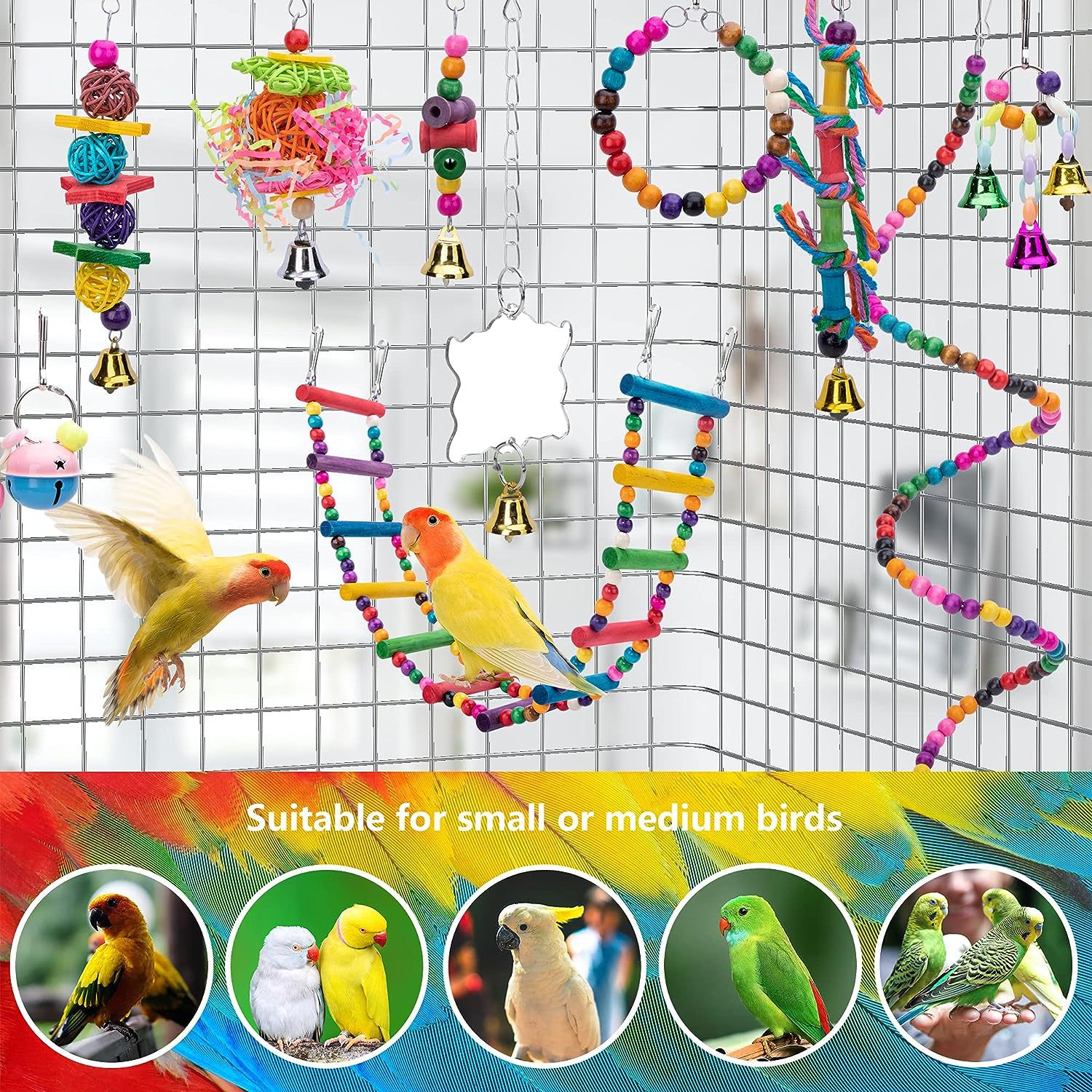 KFX-1232189 Wooden Parrot Toy Set with 7 Accessories for Birds - Swing, Perch, and More