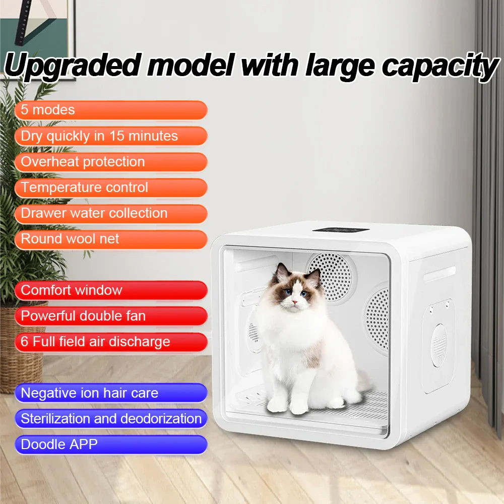 KFX-123219 Temperature Controlled Quiet Pet Dryer Box for Small Dogs and Cats - 110-240V ABS Plastic