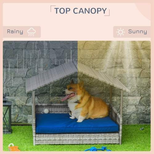 KFX-1234749 PawHut Rattan Dog House with Canopy and Waterproof Mat for Small to Medium Dogs