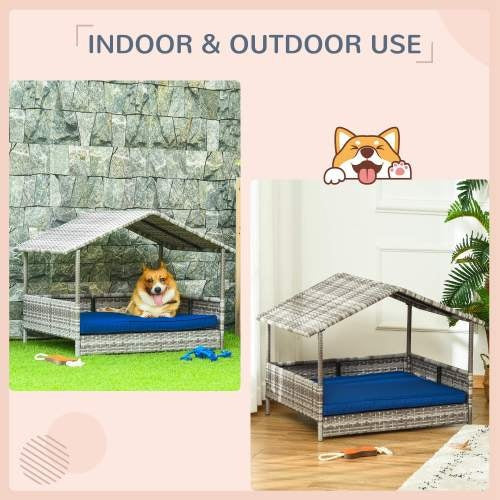 KFX-1234749 PawHut Rattan Dog House with Canopy and Waterproof Mat for Small to Medium Dogs