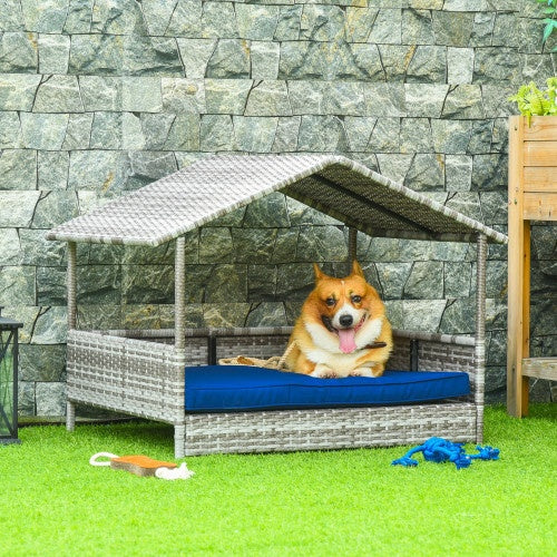 KFX-1234749 PawHut Rattan Dog House with Canopy and Waterproof Mat for Small to Medium Dogs