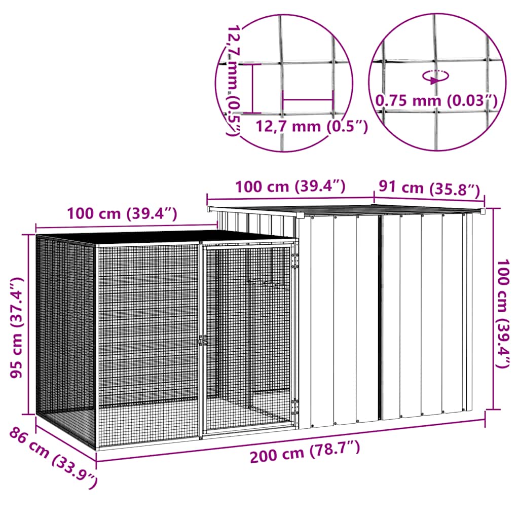 KFX-1236285 Galvanized Steel Chicken Coop - Anthracite 200x91x100 cm with Secure Gate and Easy Assembly