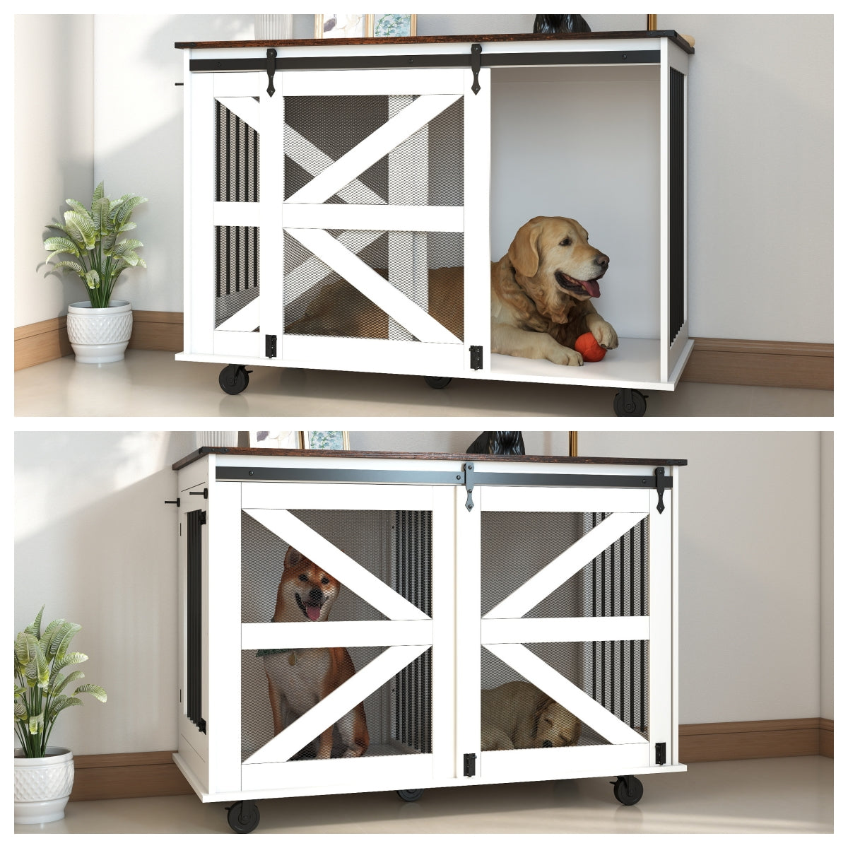 KFX-1238717 Multi-Functional Mobile Dog Crate with Flip-Top Feeding Door, Dual Access, 5 Caster System and Side Hooks