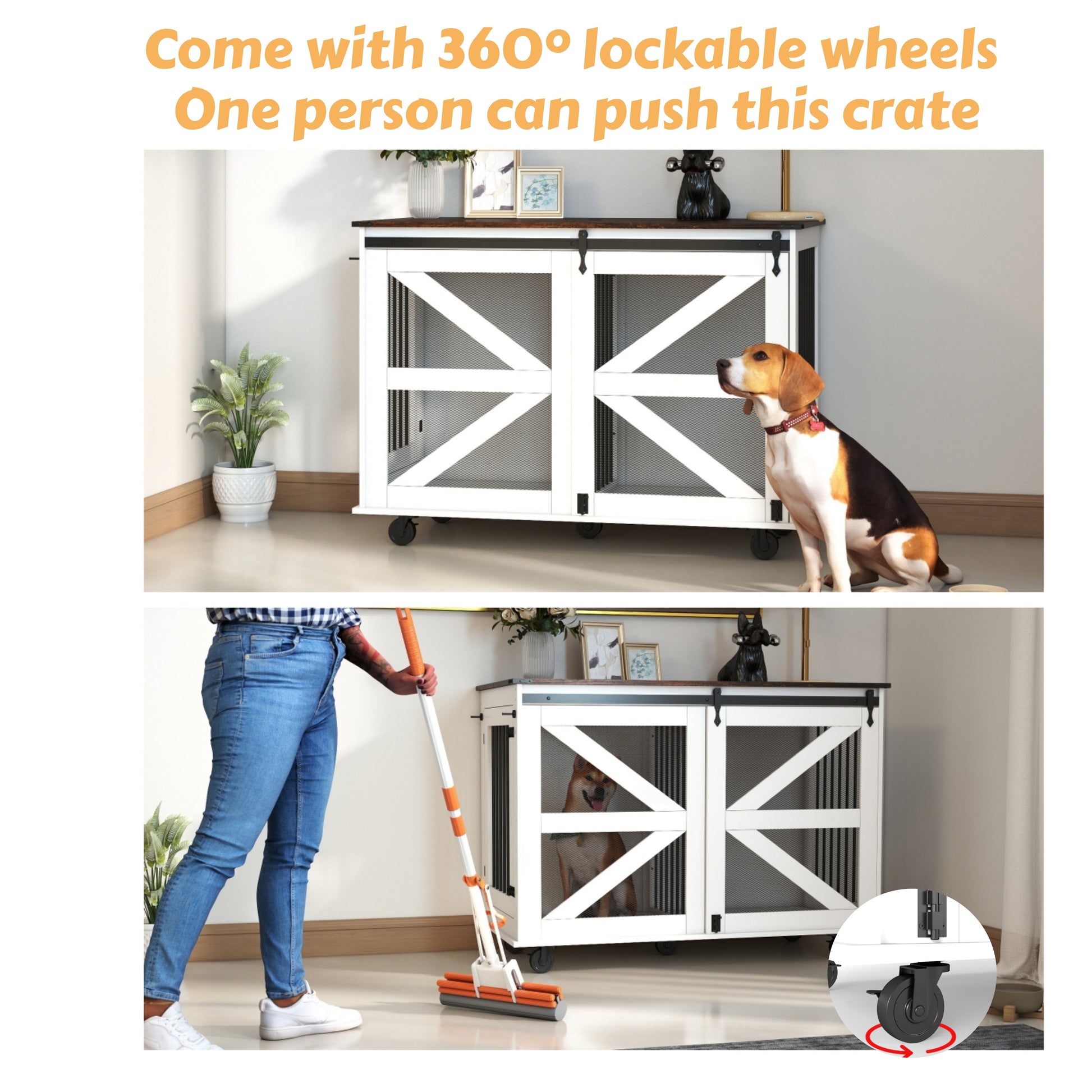 KFX-1238717 Multi-Functional Mobile Dog Crate with Flip-Top Feeding Door, Dual Access, 5 Caster System and Side Hooks