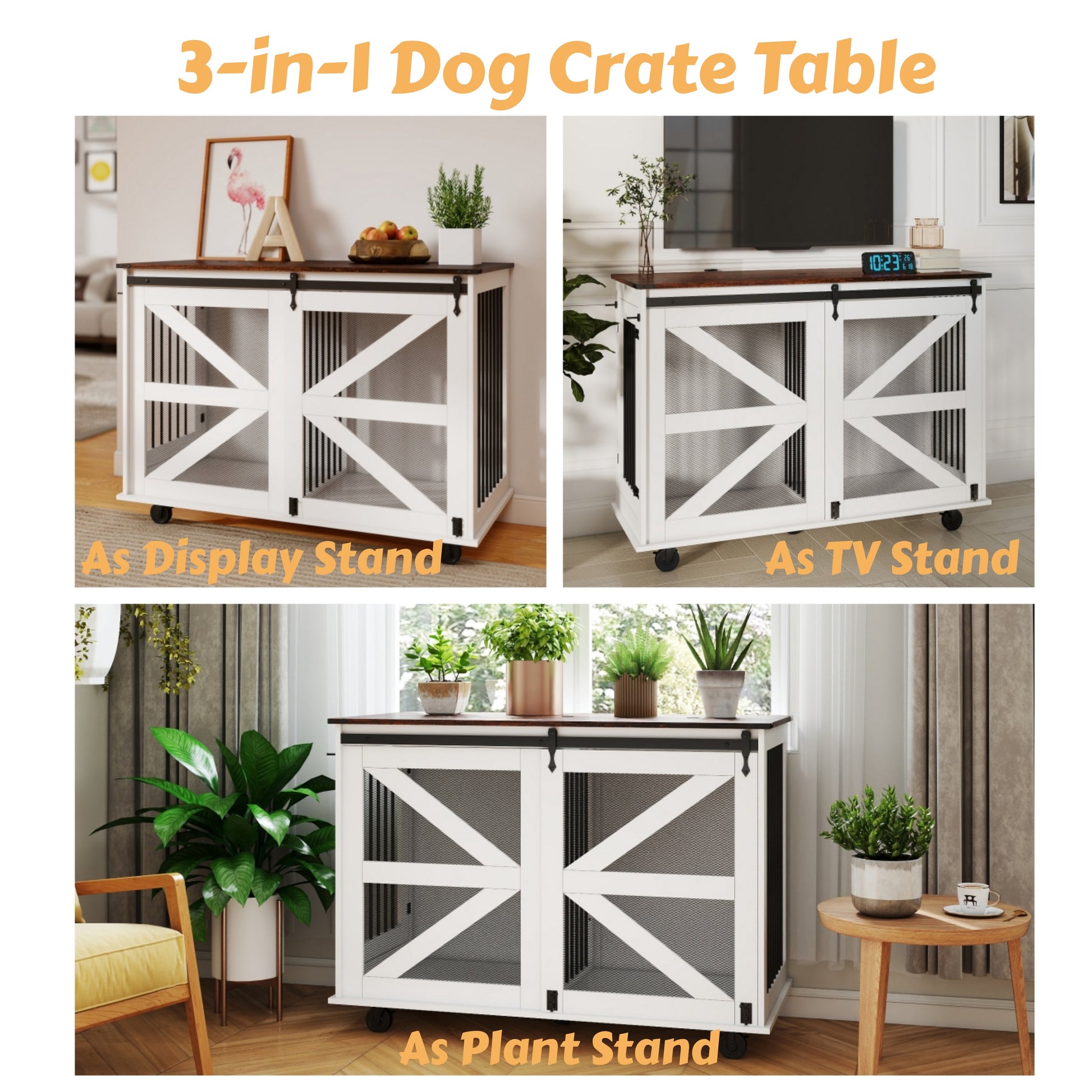KFX-1238717 Multi-Functional Mobile Dog Crate with Flip-Top Feeding Door, Dual Access, 5 Caster System and Side Hooks