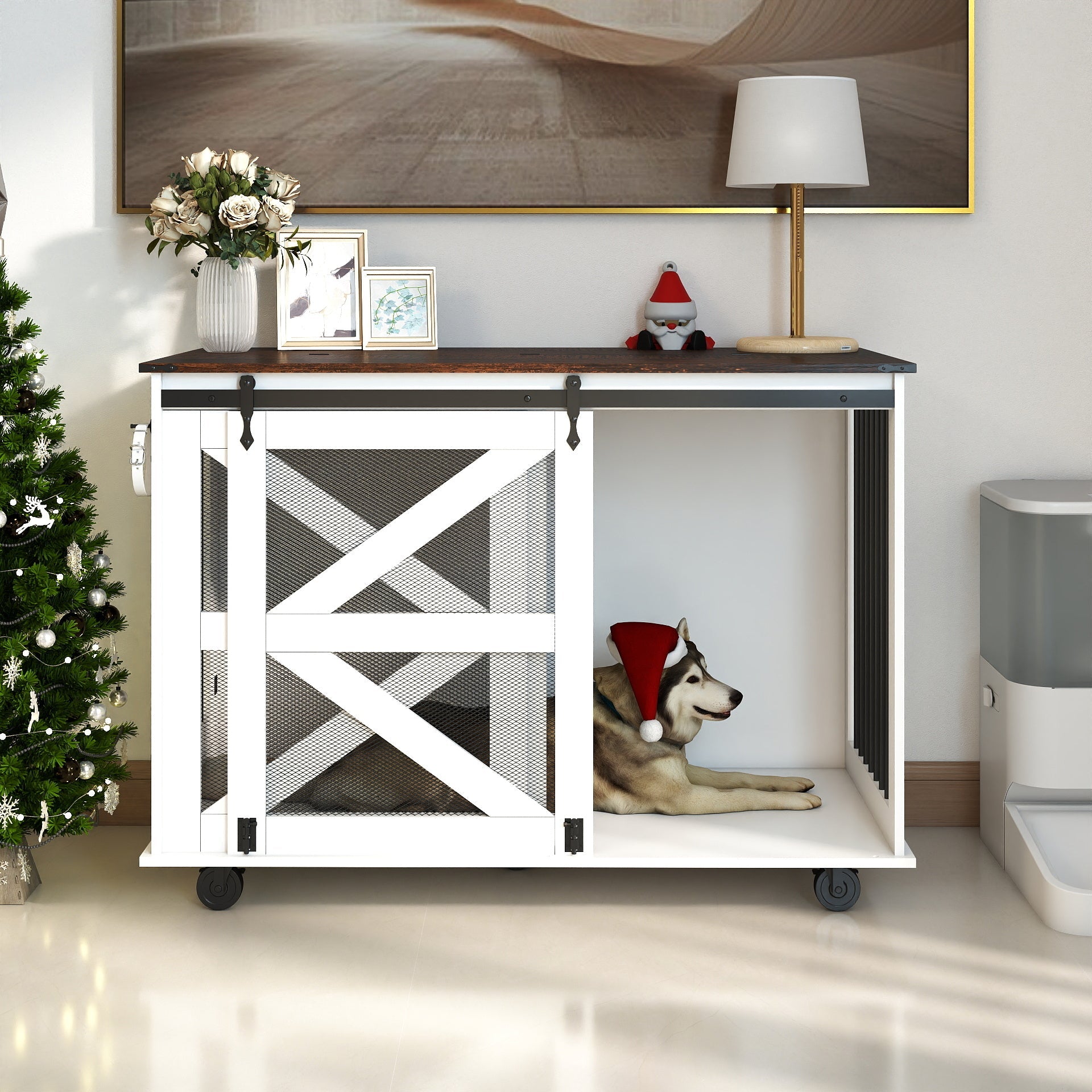 KFX-1238717 Multi-Functional Mobile Dog Crate with Flip-Top Feeding Door, Dual Access, 5 Caster System and Side Hooks
