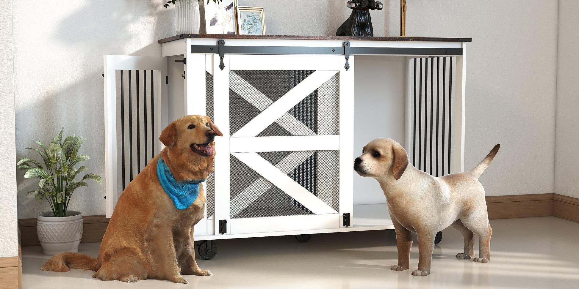 KFX-1238717 Multi-Functional Mobile Dog Crate with Flip-Top Feeding Door, Dual Access, 5 Caster System and Side Hooks
