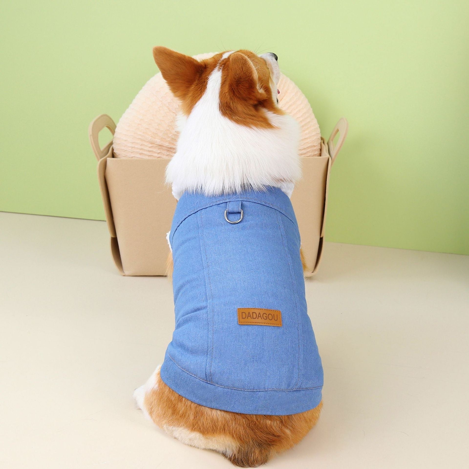 KFX-1239101 Denim Cotton Dog Coat in Dark Blue and Light Blue for Corgis, Available in Multiple Sizes