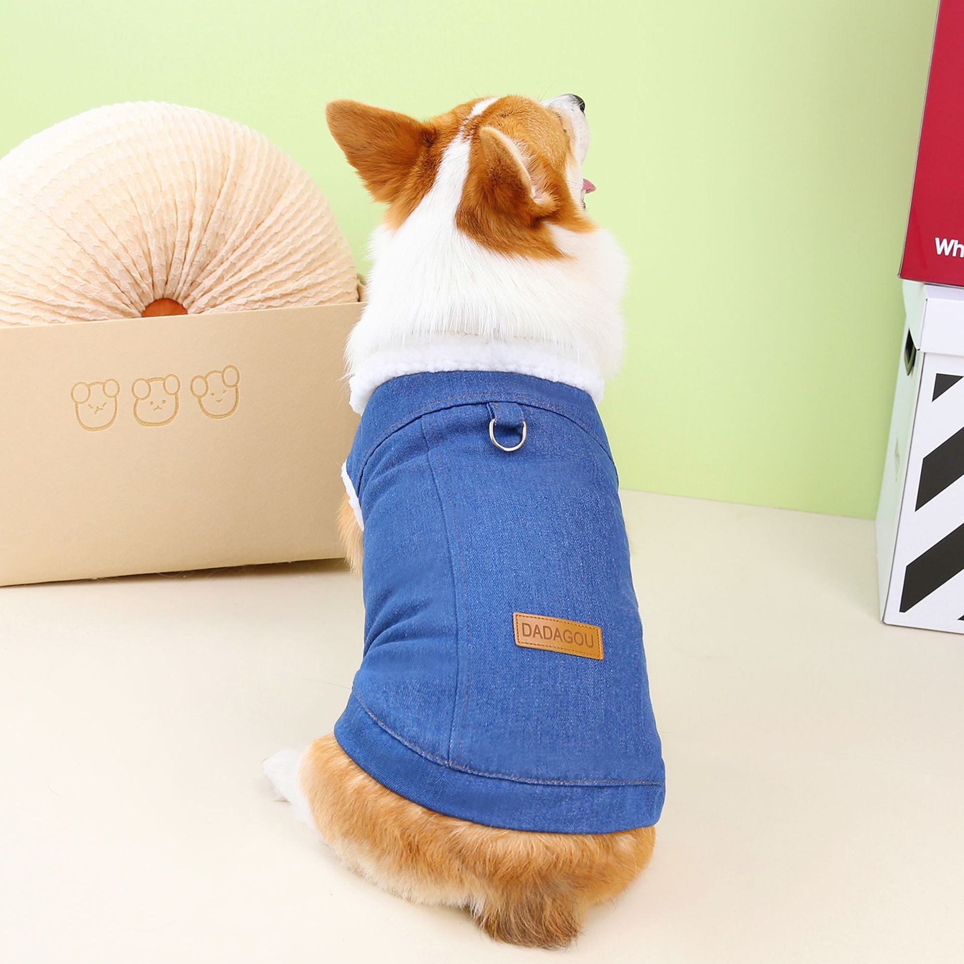 KFX-1239101 Denim Cotton Dog Coat in Dark Blue and Light Blue for Corgis, Available in Multiple Sizes