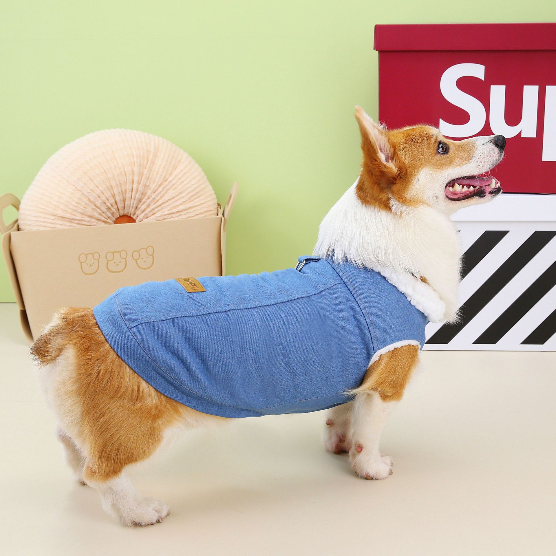 KFX-1239101 Denim Cotton Dog Coat in Dark Blue and Light Blue for Corgis, Available in Multiple Sizes