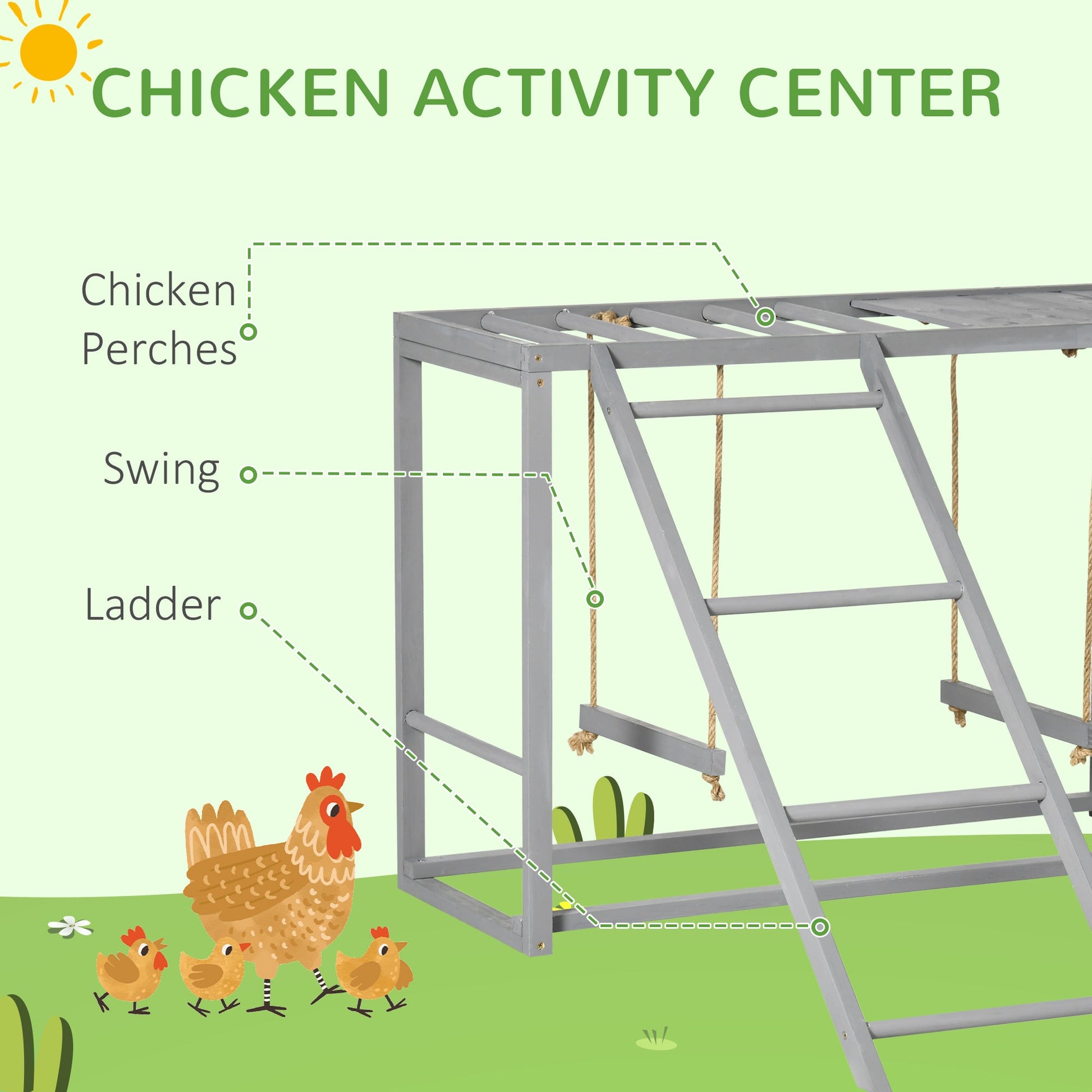 KFX-1244093 Wooden Chicken Activity Playset with Swings, Perches & Ladder for 3–4 Birds - Gray
