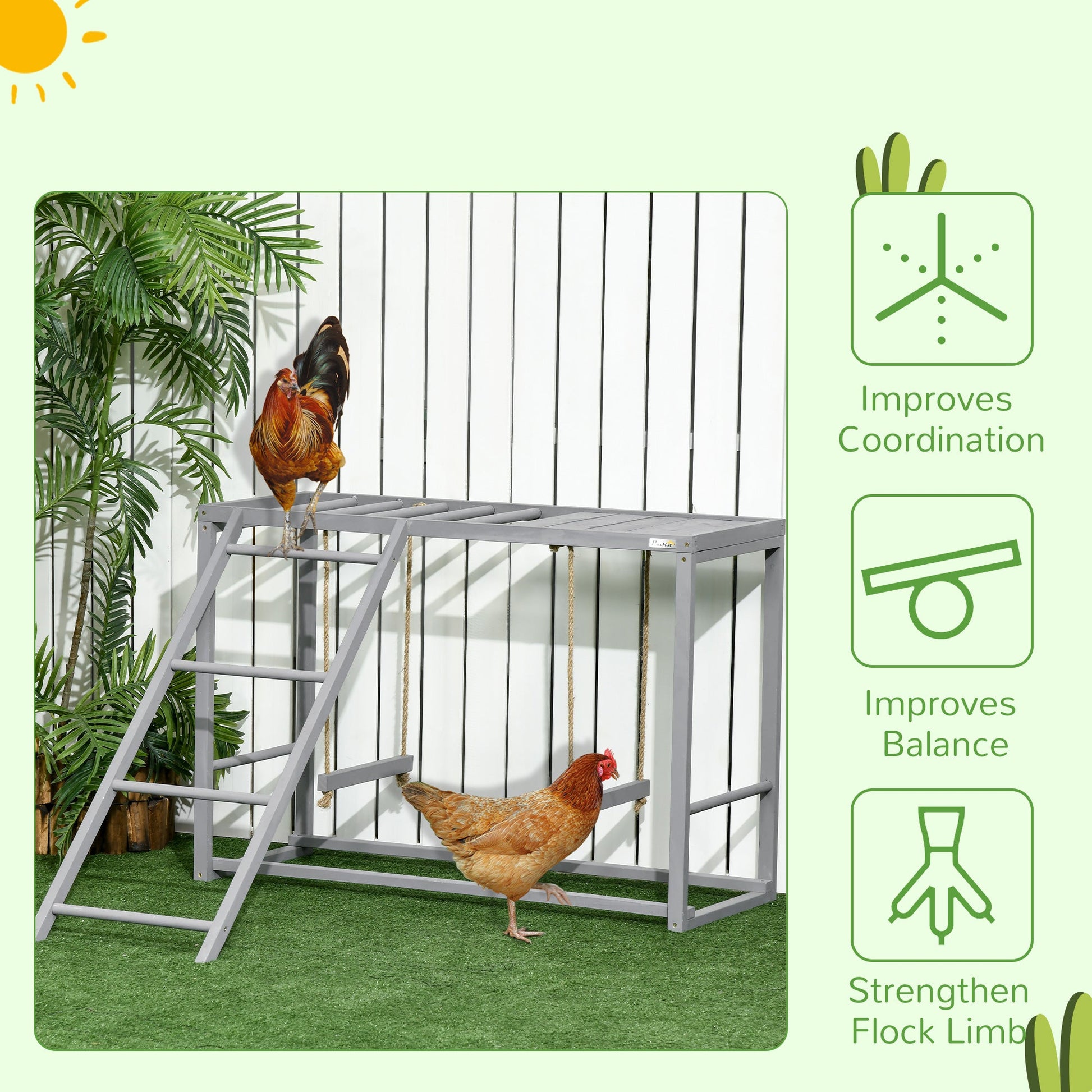KFX-1244093 Wooden Chicken Activity Playset with Swings, Perches & Ladder for 3–4 Birds - Gray