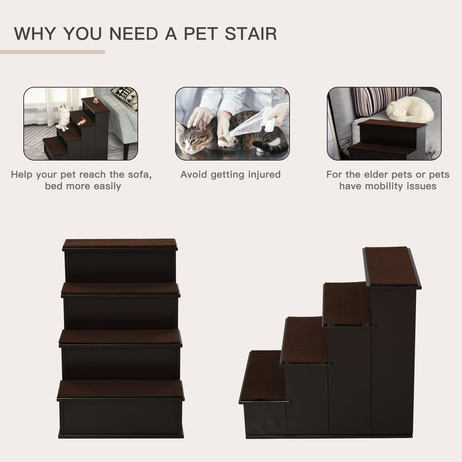 KFX-1245885 Cushioned Pet Stairs for Small Dogs and Cats Up to 22 lbs - Brown with Removable Cover