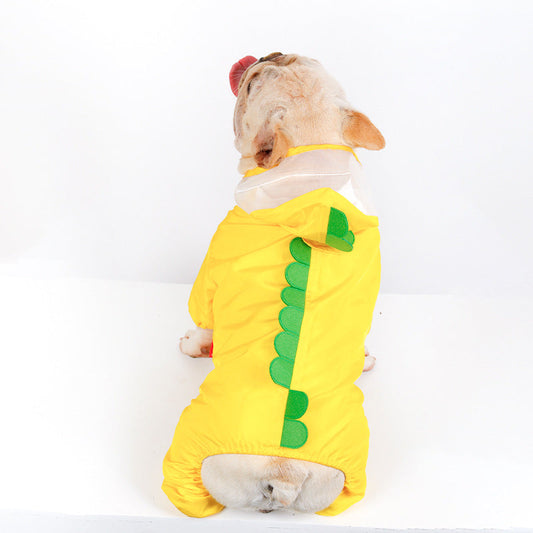 KFX-1247805 Yellow Waterproof Dinosaur Raincoat for Pets - Four-Legged Fit Available in Multiple Sizes