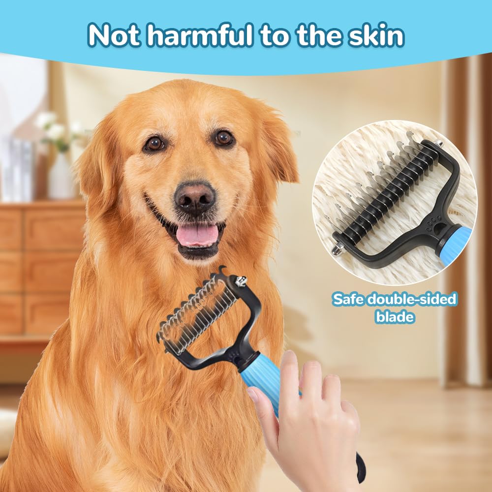 KFX-1251773 Pet Safe Dematting Comb for Dogs and Cats - Double-Sided Stainless Steel Grooming Brush for Undercoat Shedding and Detangling