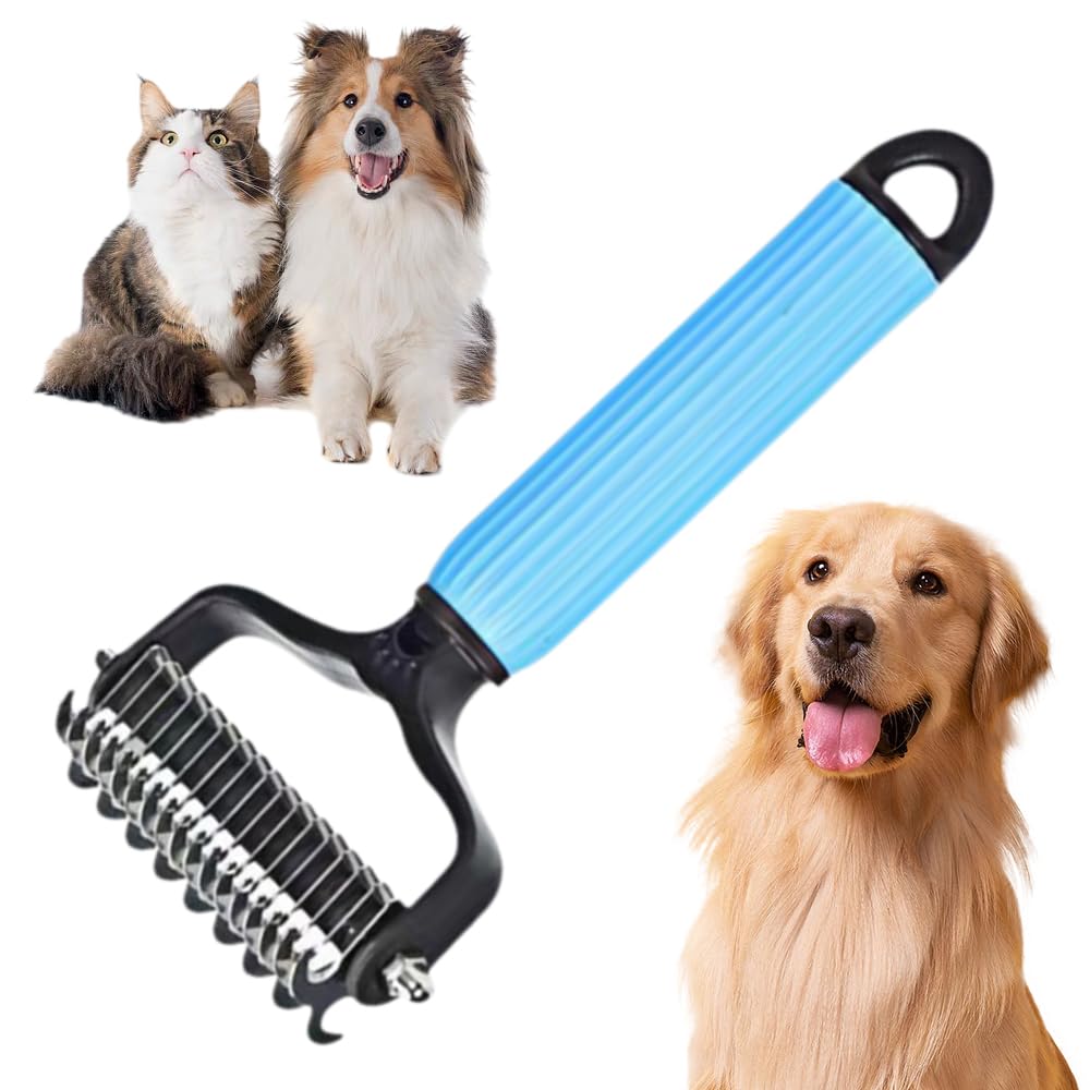 KFX-1251773 Pet Safe Dematting Comb for Dogs and Cats - Double-Sided Stainless Steel Grooming Brush for Undercoat Shedding and Detangling