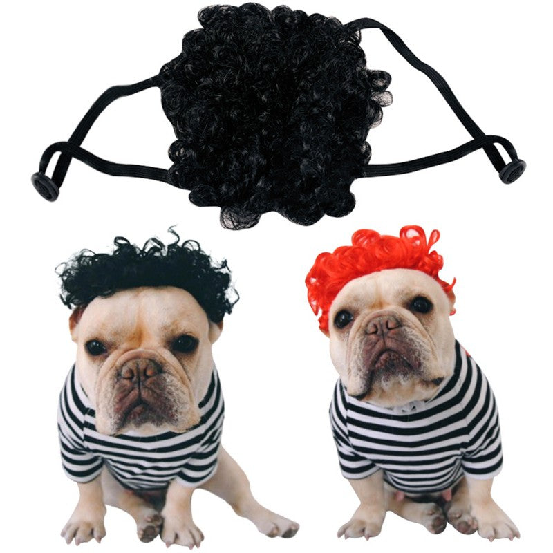 KFX-1252029 Pet Funny Wig Headgear in Black Explosive, Red Explosive, and Ruth Braid Styles