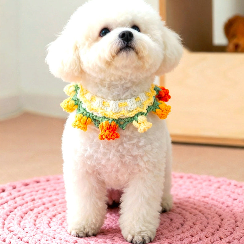 KFX-1257917 Handcrafted Pet Necklaces for Small Dogs and Cats - Adjustable Crochet Neck Rings with Floral Designs