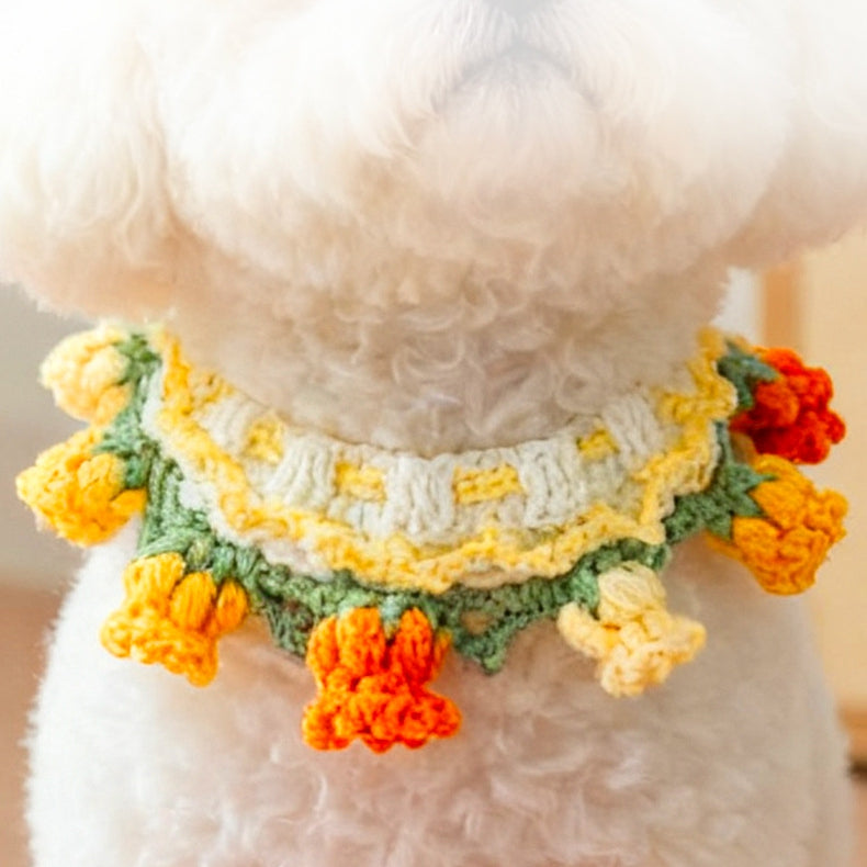 KFX-1257917 Handcrafted Pet Necklaces for Small Dogs and Cats - Adjustable Crochet Neck Rings with Floral Designs