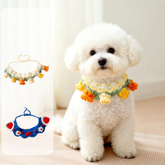 KFX-1257917 Handcrafted Pet Necklaces for Small Dogs and Cats - Adjustable Crochet Neck Rings with Floral Designs