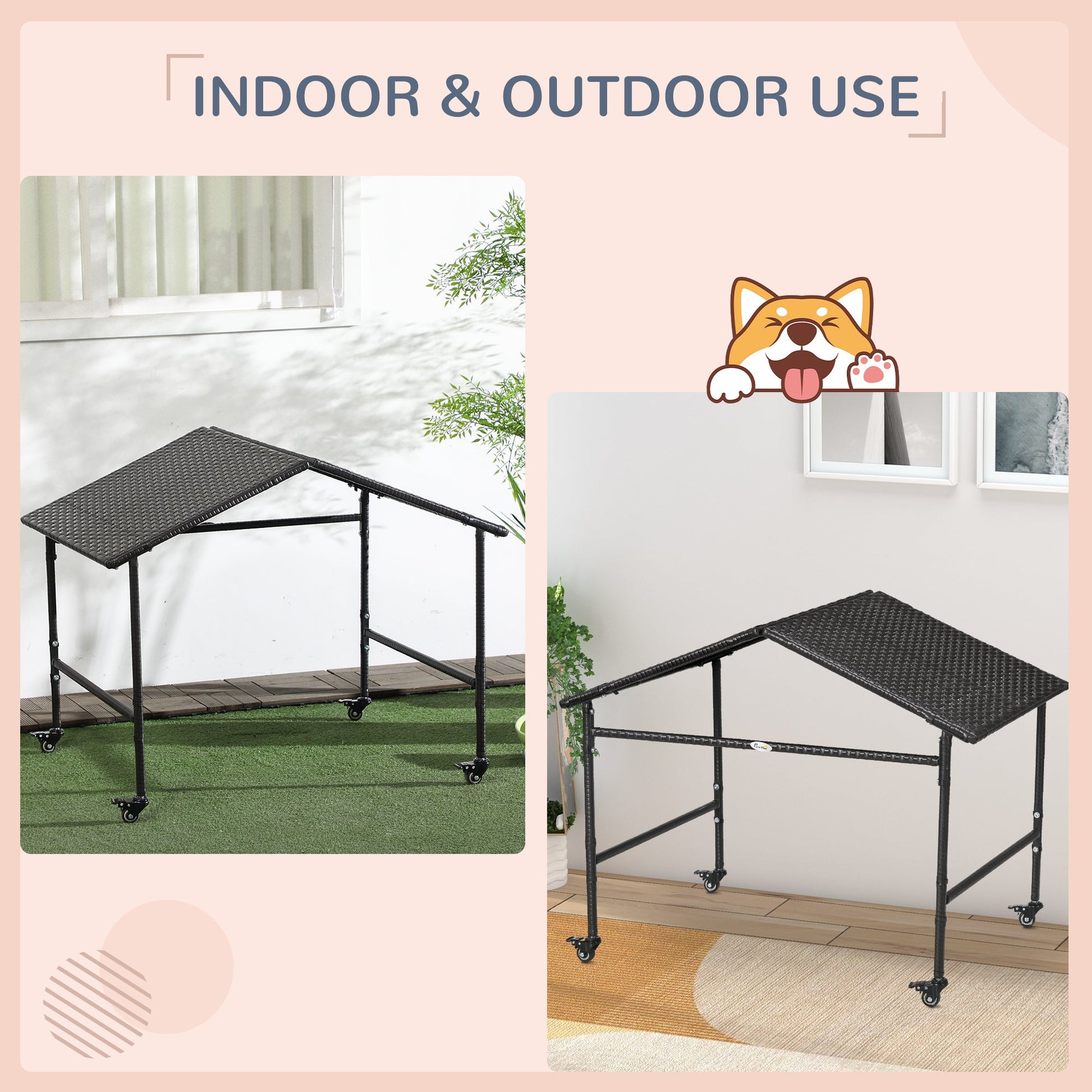 KFX-1260349 Portable Outdoor Dog Shelter with Wheels for Small and Medium Dogs, Dark Brown Rattan Design