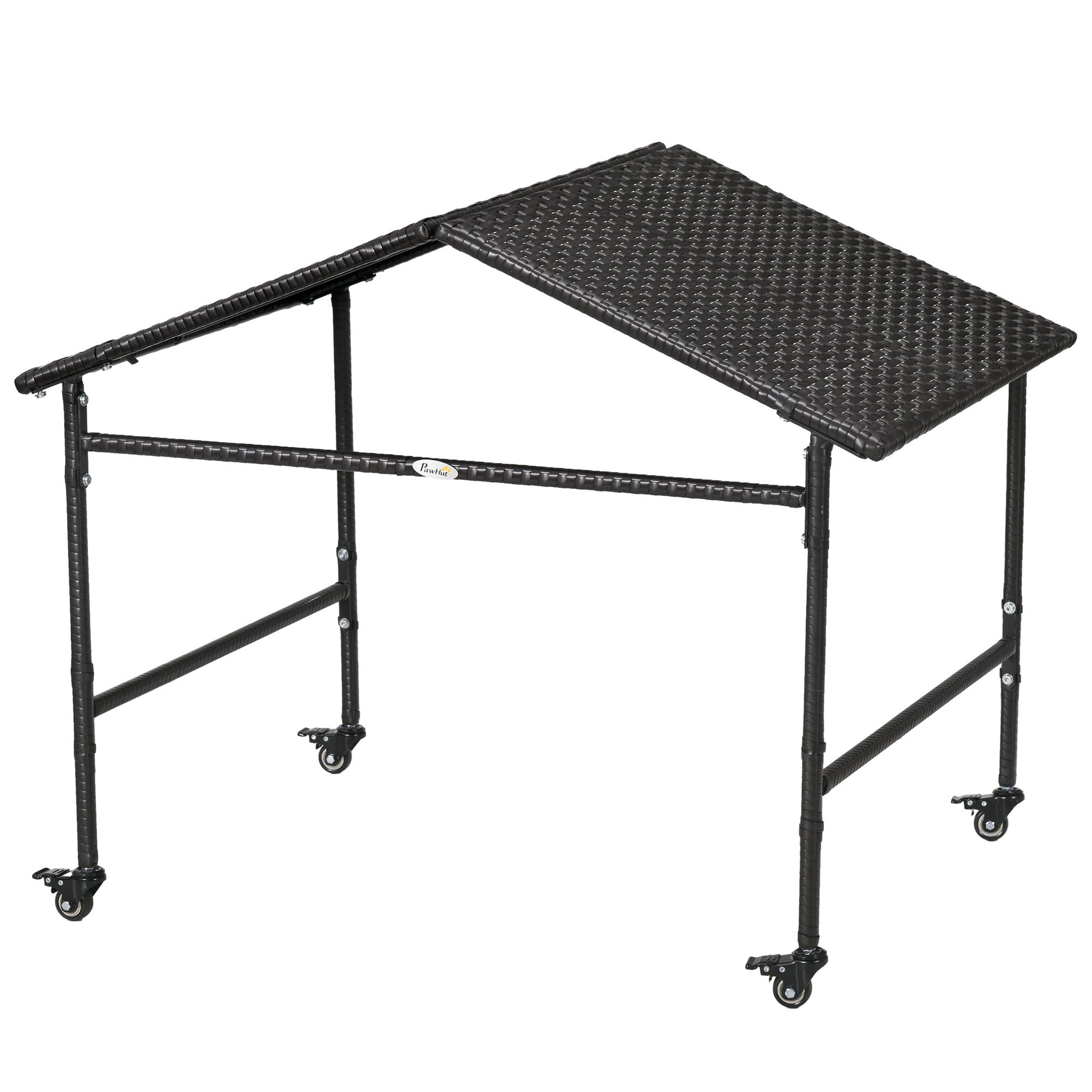 KFX-1260349 Portable Outdoor Dog Shelter with Wheels for Small and Medium Dogs, Dark Brown Rattan Design