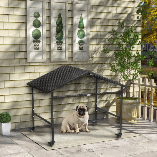 KFX-1260349 Portable Outdoor Dog Shelter with Wheels for Small and Medium Dogs, Dark Brown Rattan Design