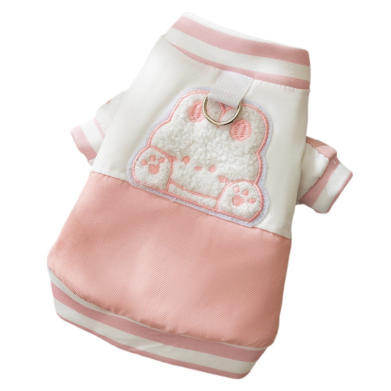 KFX-1266237 Cozy Winter Dog Jacket with Bunny Embroidery and Integrated Leash Ring for Small to Medium Pets