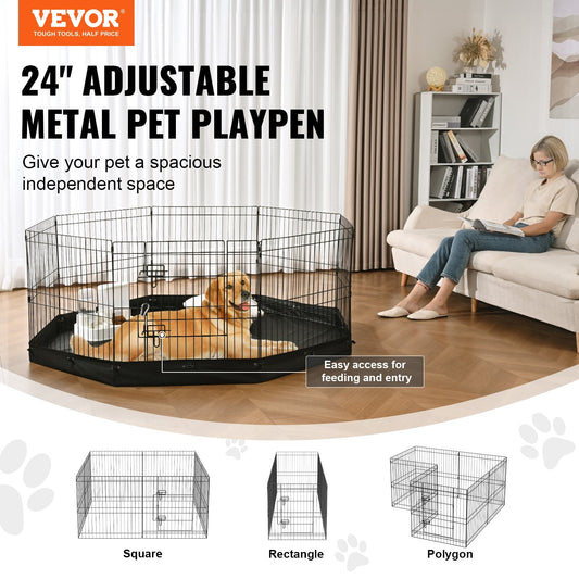 KFX-1269053 Foldable 8-Panel Metal Dog Playpen with Bottom Mat for Indoor and Outdoor Use, 24" High Pet Exercise Enclosure