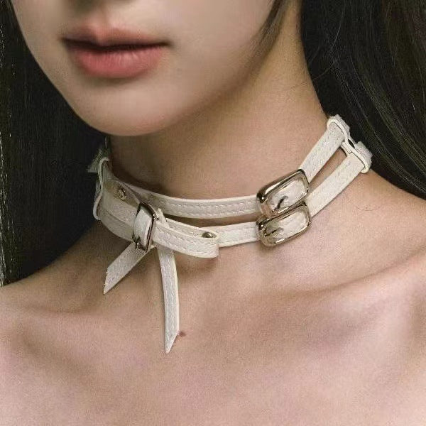KFX-1270077 Cool White Bow Alloy Leather Necklace for Unisex