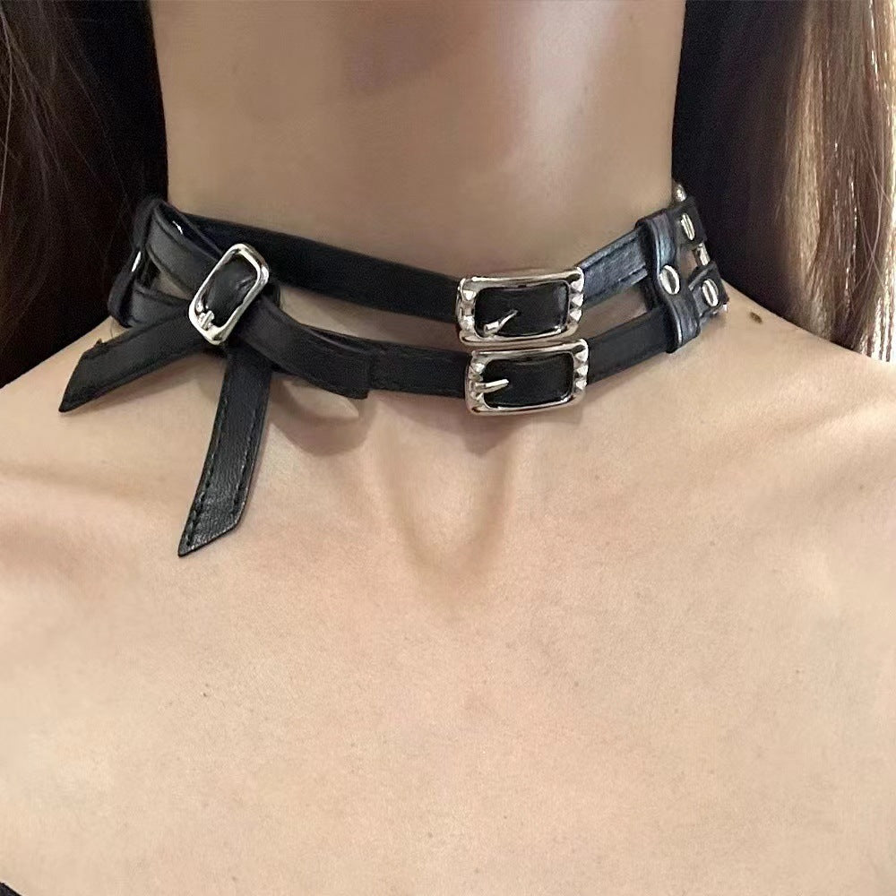 KFX-1270077 Cool White Bow Alloy Leather Necklace for Unisex
