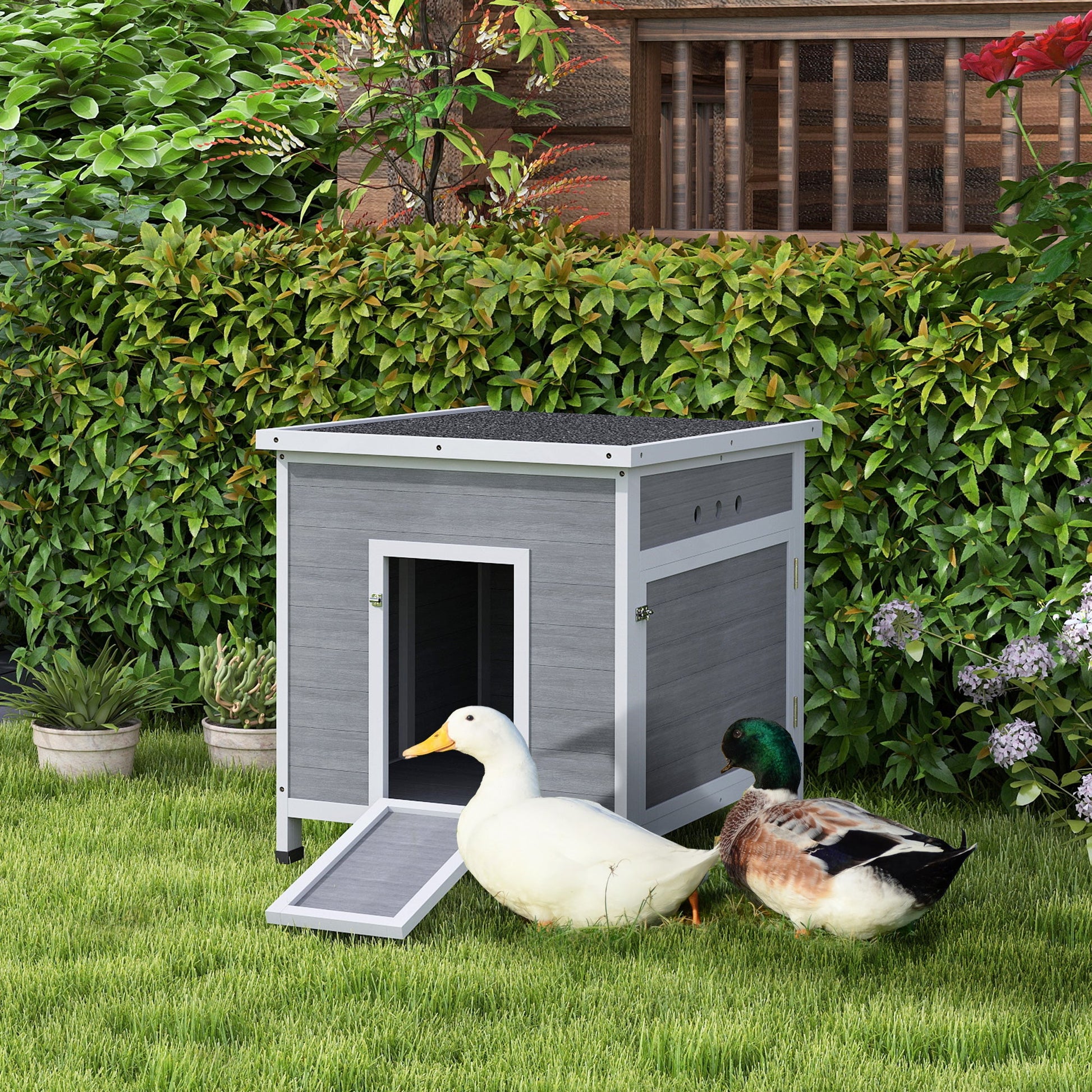 KFX-1271101 Wooden Duck Coop with Openable Roof and Double Doors for 2-4 Ducks and Chickens, 25" x 32" x 30"