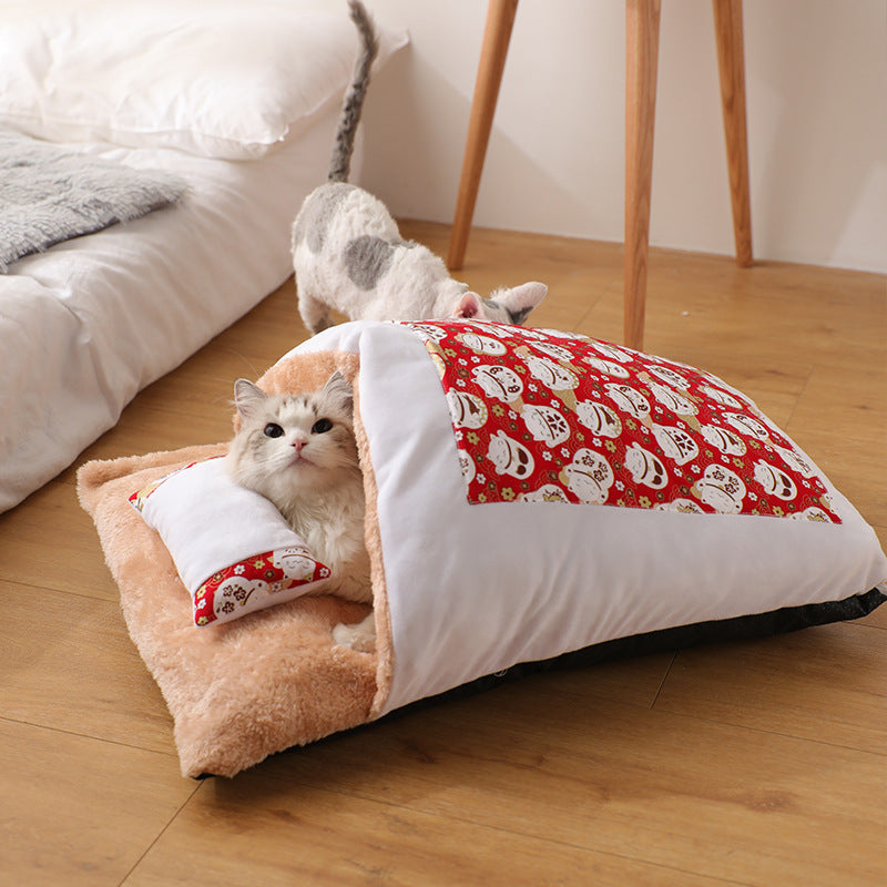 KFX-1271485 Cozy Winter Cat Bed with Removable Washable Quilt for All Seasons