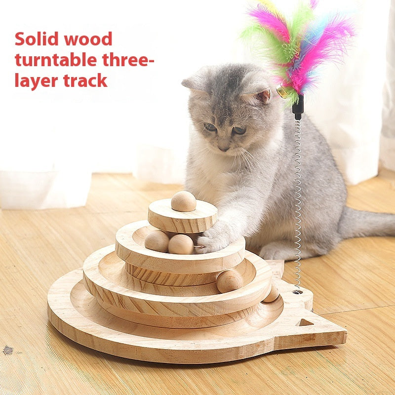 KFX-1273405 Solid Wood Turntable Cat Teaser Toys - Interactive Scratching Poles for Cats