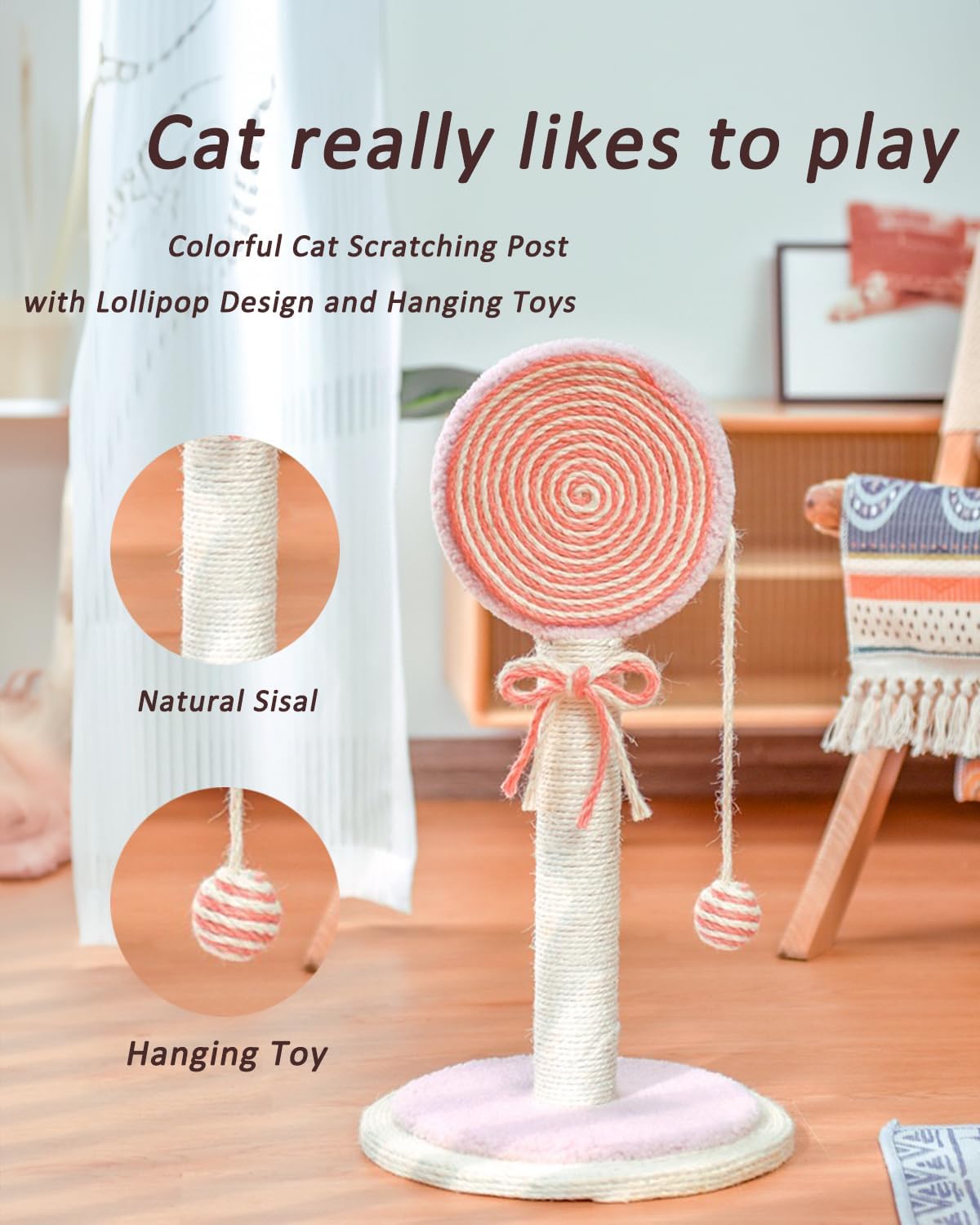 KFX-1274685 Cat Scratching Post with Sturdy Base and Hanging Ball for Indoor Cats - Durable Sisal Rope Design