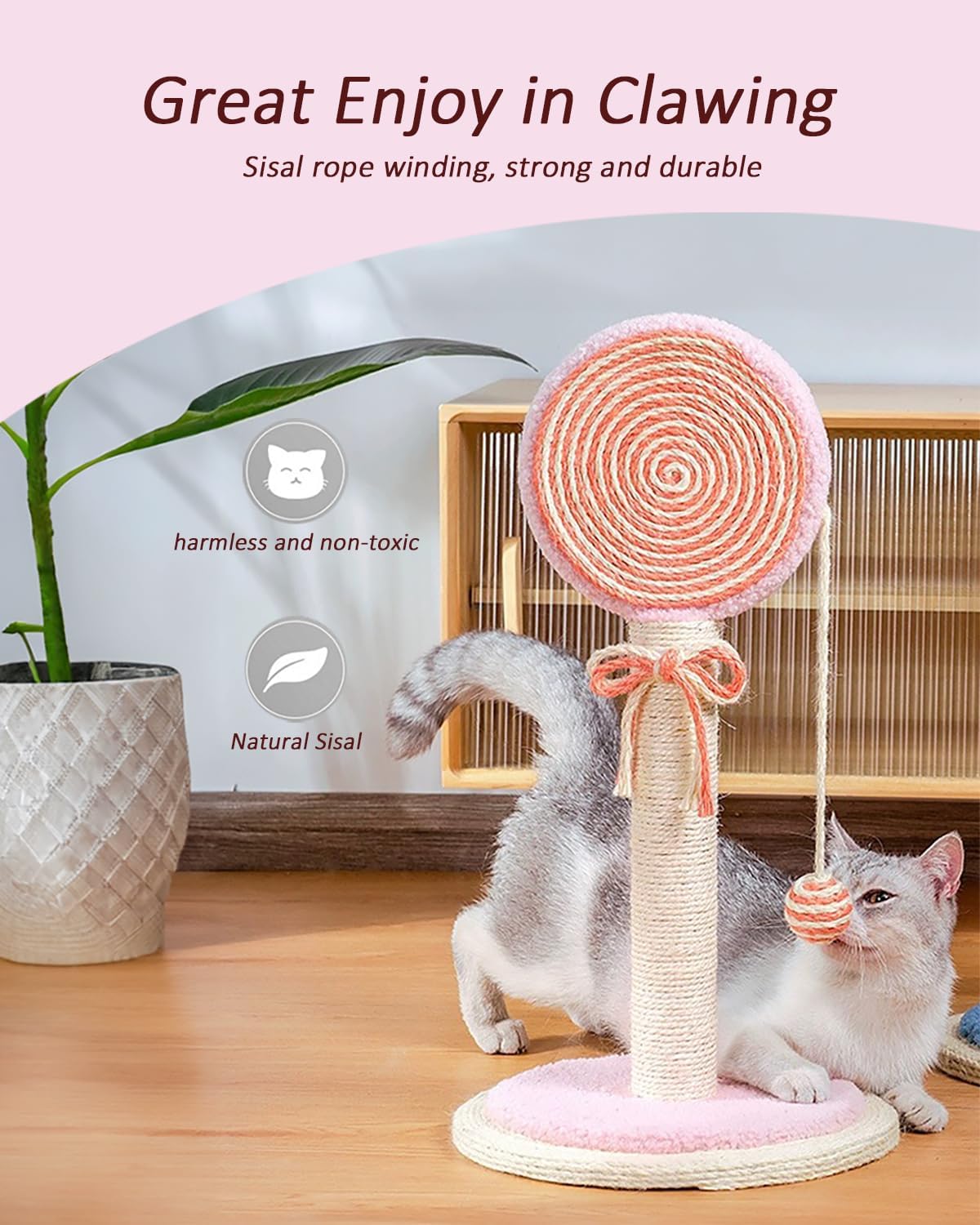 KFX-1274685 Cat Scratching Post with Sturdy Base and Hanging Ball for Indoor Cats - Durable Sisal Rope Design