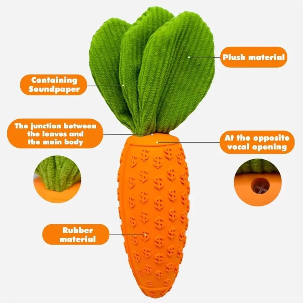 KFX-1275837 Durable Rubber and Plush Carrot Dog Chew Toy for Tooth Health and Playtime Fun