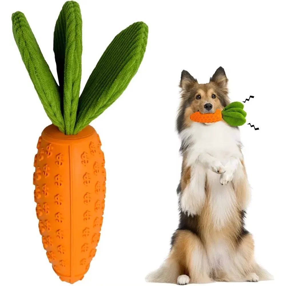 KFX-1275837 Durable Rubber and Plush Carrot Dog Chew Toy for Tooth Health and Playtime Fun